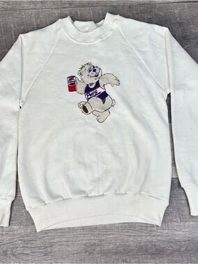 VTG 80s Pepsi Bear Crewneck Sweatshirt Jerzees USA Youth L White Promo Graphic